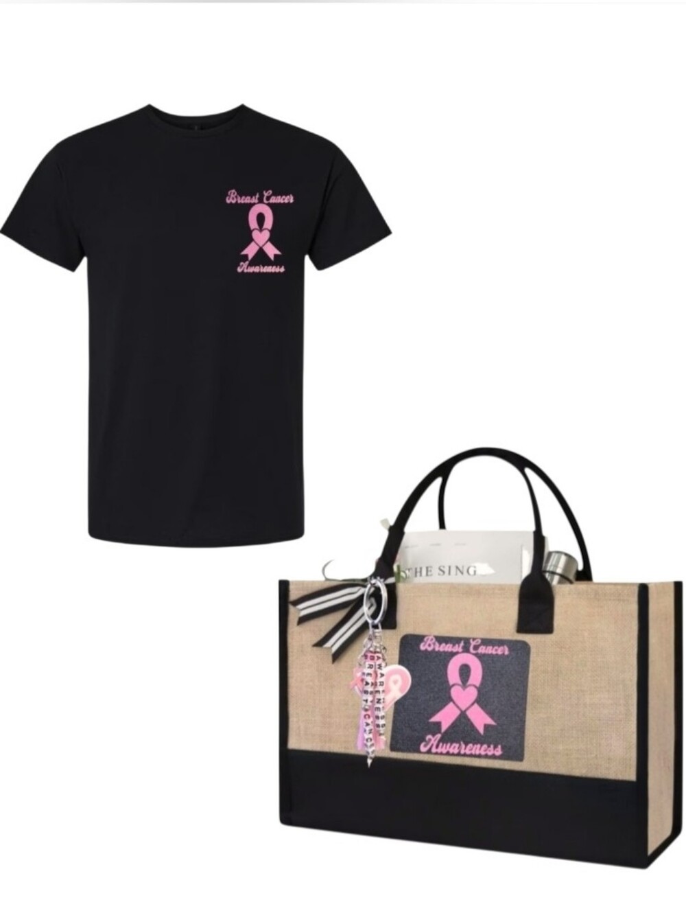 Breast Cancer Awareness Pink Ribbon Tote Bag and T-Shirt Set